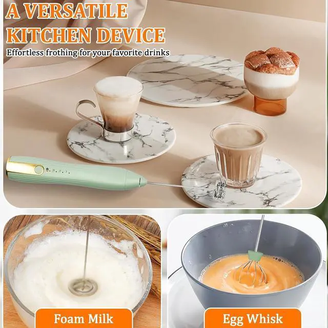 Alt view image 2 of 7 - Frother Wand Rechargeable USB-C Milk Frother Handheld Mixer Electric with 2 Whisk Heads, 3 Speeds Adjustable Coffee Drink Mixer with Stand for Lattes, Matcha, Hot Chocolate, Egg, Matcha(Green)