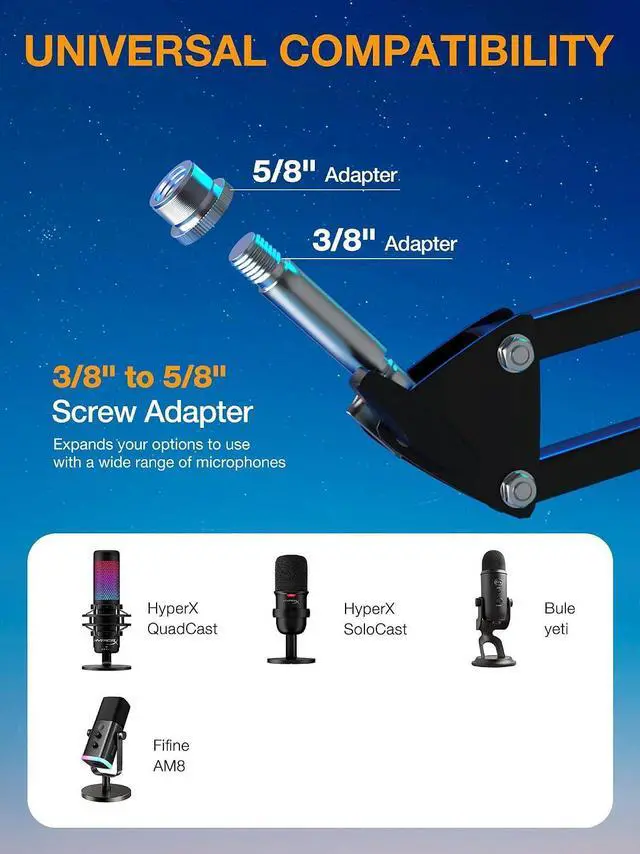 Alt view image 4 of 7 - QuadCast Boom Arm, Mic Arm for Blue Yeti HyperX QuadCast SoloCast Fifine AM8 and Most Microphone, Mic Stand Desk with 3/8" to 5/8" Adapter