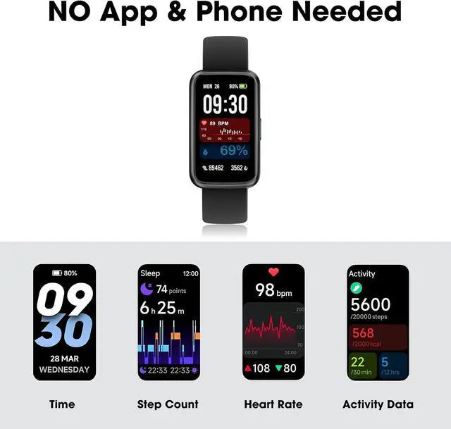 Alt view image 5 of 7 - Slim Design Fitness Tracker, No App No Phone Required, Long Battery Life | Pedometer Watch, 30 Meters Waterproof Smart Watch, Heart Rate Blood Oxygen Sleep Monitor, Step Counter for Men Women