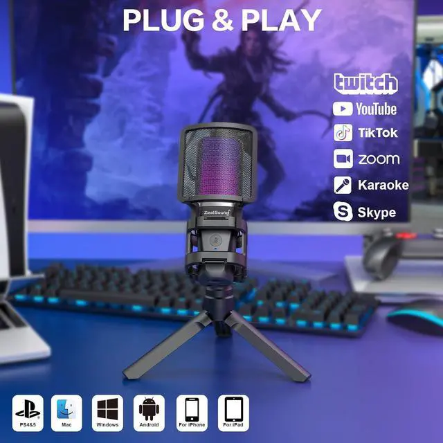 Alt view image 5 of 7 - Gaming USB Microphone for PC Mac iPhone & Android, Podcast Mic with Noise Cancellation, Touch Mute, RGB Light, Volume & Monitor Control, for Streaming Podcasting ASMR TikTok Discord YouTube