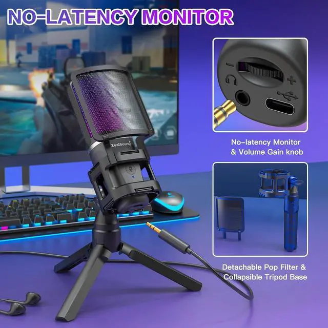 Alt view image 4 of 7 - Gaming USB Microphone for PC Mac iPhone & Android, Podcast Mic with Noise Cancellation, Touch Mute, RGB Light, Volume & Monitor Control, for Streaming Podcasting ASMR TikTok Discord YouTube