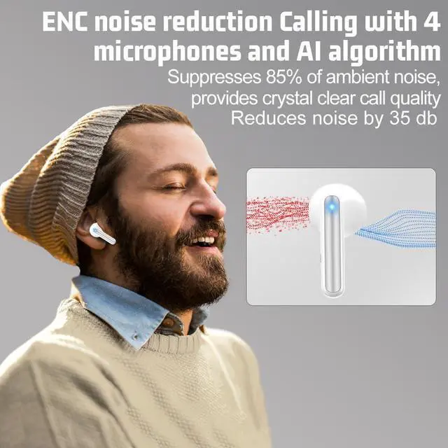 Alt view image 2 of 6 - Bluetooth Earbuds Wireless Headphones, 60H Deep Bass Ear Buds with 4 Noise Cancelling Microphone, IP5 Waterproof Earphones for iPhone Android Sports audifonos Bluetooth inalambricos (Ivory)