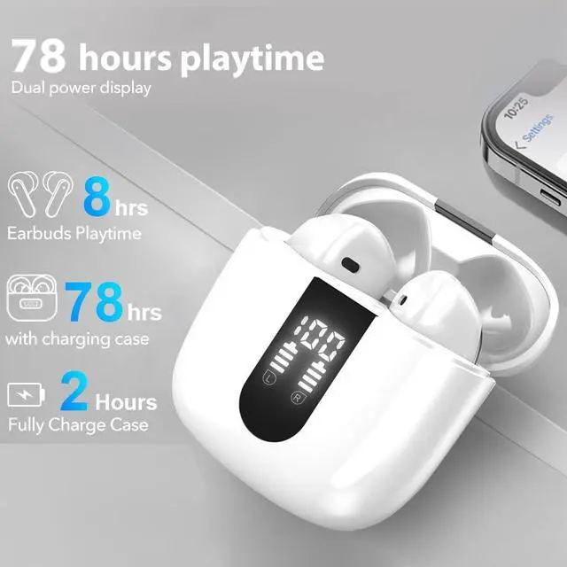 Alt view image 6 of 6 - Bluetooth Earbuds Wireless Headphones, 60H Deep Bass Ear Buds with 4 Noise Cancelling Microphone, IP5 Waterproof Earphones for iPhone Android Sports audifonos Bluetooth inalambricos (Ivory)