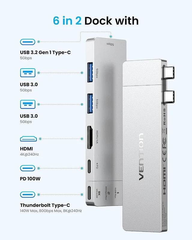 Alt view image 7 of 7 - VENTION 6-in-2 USB C Hub for MacBook Neo/Air/PRO, 80Gbps Detachable Magnetic 8K USB-C Dock with 4K@240Hz HDMI, 140W MAX PD for Laptops/ipad, Charging Multiport Adapter(Silver)