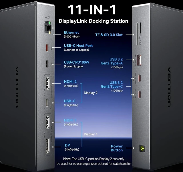 Alt view image 2 of 7 - 11-in-1 DisplayLink Docking Station 3 Monitors with USB 3.2 A/C for MacBook/Dell/HP,USB C Laptop Docking Station Dual Monitor,4K@60Hz HDMI,DP,PD 100W, RJ45,SD/TF with USB-C Cable