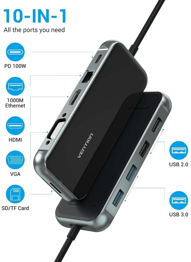 Alt view image 2 of 7 - VENTION USB C Docking Station Dual Monitor - 10 in 1 USB C Hub Multiport Adapter with 4K HDMI VGA 100W PD 4 USB Ports Gigabit Ethernet SD/TF Card Reader for MacBook Pro Air Dell XPS HP