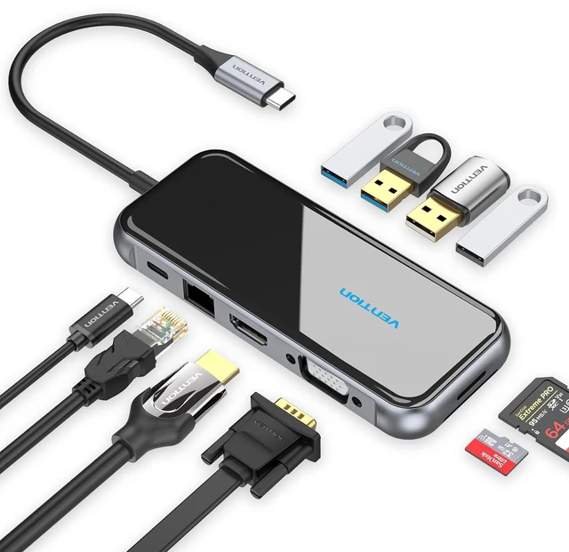 Main image of VENTION USB C Docking Station Dual Monitor - 10 in 1 USB C Hub Multiport Adapter with 4K HDMI VGA 100W PD 4 USB Ports Gigabit Ethernet SD/TF Card Reader for MacBook Pro Air Dell XPS HP