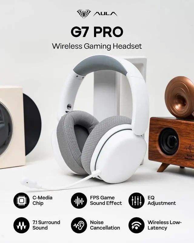 Alt view image 2 of 7 - X Aula G7 Pro Wireless Gaming Headset, Dual Mode BT5.3 & 2.4GHz, 7.1 Surround Sound, 80+ Hour Battery, RGB Light, with Noise Canceling Mic for PS5, PS4, Switch, PC (White)