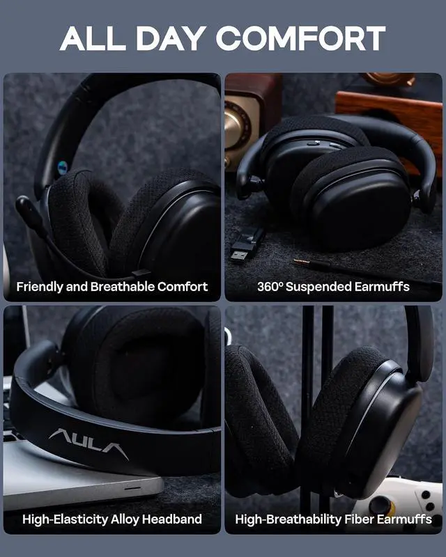 Alt view image 4 of 7 - X Aula G7 Pro Wireless Gaming Headset, Dual Mode BT5.3 & 2.4GHz, 7.1 Surround Sound, 80+ Hour Battery, RGB Light, with Noise Canceling Mic for PS5, PS4, Switch, PC (Black)