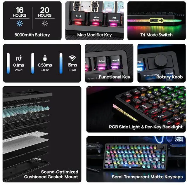 Alt view image 2 of 7 - HE75 V2 Hall Effect Gaming Keyboard, 8K Polling & 0.1ms, 8000mAh & 2.4Ghz/BT, Hot Swap Key & Knob, 0.005mm Adjustable Actuation, Rapid Triggering, Creamy & Thocky (Black)