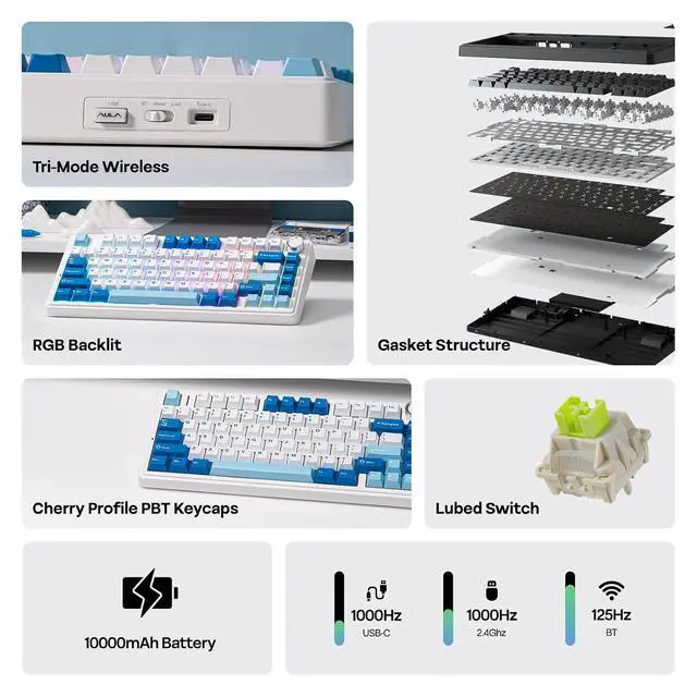 Alt view image 3 of 7 - x Aula F75 Ultra Wireless Gaming Keyboard with Knob, 10000mAh, Hot Swap, RGB, PBT Keycap, Creamy Sound, VIA, 75% Mechanical Keyboard for Win/Mac (Blue, Reaper)