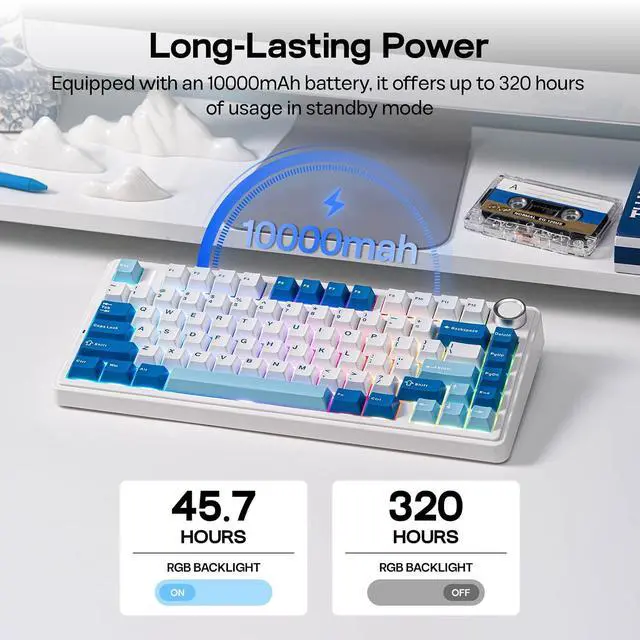 Alt view image 4 of 7 - x Aula F75 Ultra Wireless Gaming Keyboard with Knob, 10000mAh, Hot Swap, RGB, PBT Keycap, Creamy Sound, VIA, 75% Mechanical Keyboard for Win/Mac (Blue, Pink Mint)