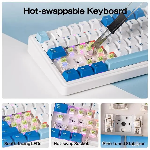 Alt view image 6 of 7 - x Aula F75 Ultra Wireless Gaming Keyboard with Knob, 10000mAh, Hot Swap, RGB, PBT Keycap, Creamy Sound, VIA, 75% Mechanical Keyboard for Win/Mac (Blue, Pink Mint)