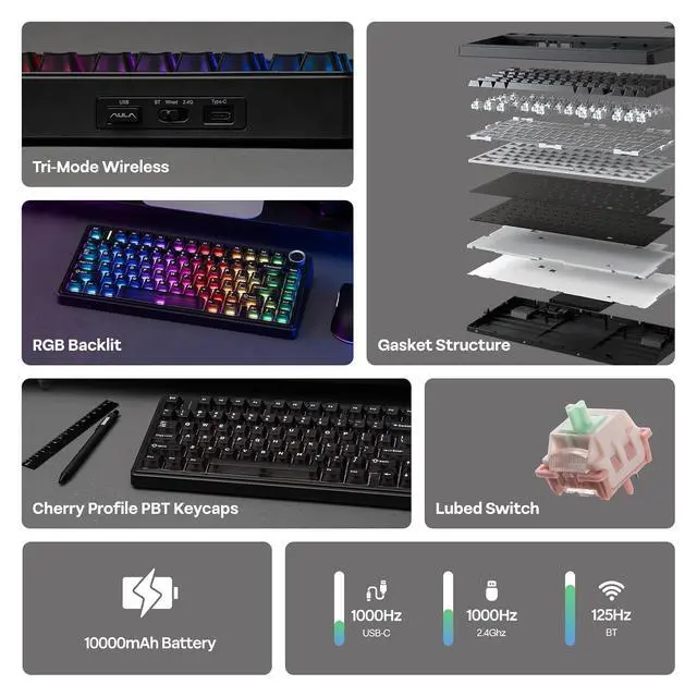 Alt view image 3 of 7 - x Aula F75 Ultra Wireless Gaming Keyboard with Knob, 10000mAh, Hot Swap, RGB, PBT Keycap, Creamy Sound, VIA, 75% Mechanical Keyboard for Win/Mac (Black, Pink Mint)