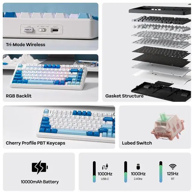 Alt view image 3 of 7 - x Aula F75 Ultra Wireless Gaming Keyboard with Knob, 10000mAh, Hot Swap, RGB, PBT Keycap, Creamy Sound, VIA, 75% Mechanical Keyboard for Win/Mac (Blue, Pink Mint)