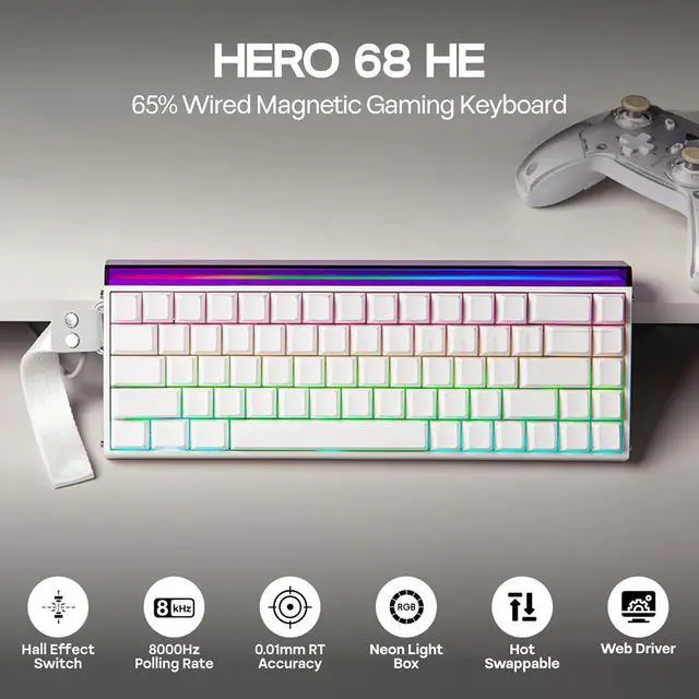 Alt view image 3 of 6 - Aula Hero 68 HE Wired Magnetic Gaming Keyboard, 0.01mm Adjustable Actuation, Rapid Hall Effect Switch, 8kHz Polling, 5-Layer Sound Dampening, RGB Box & Backlight (White)