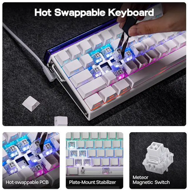 Alt view image 4 of 6 - Aula Hero 68 HE Wired Magnetic Gaming Keyboard, 0.01mm Adjustable Actuation, Rapid Hall Effect Switch, 8kHz Polling, 5-Layer Sound Dampening, RGB Box & Backlight (White)