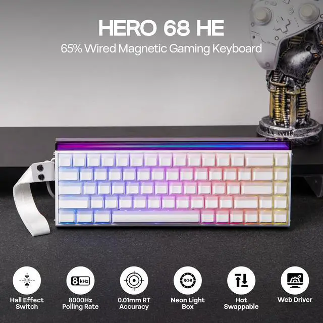 Alt view image 3 of 6 - Aula Hero 68 HE Wired Magnetic Gaming Keyboard, 0.01mm Adjustable Actuation, Rapid Hall Effect Switch, 8kHz Polling, 5-Layer Sound Dampening, RGB Box & Backlight (White Lighthouse)