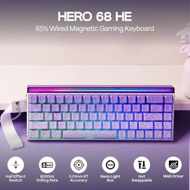 Alt view image 3 of 6 - Aula Hero 68 HE Wired Magnetic Gaming Keyboard, 0.01mm Adjustable Actuation, Rapid Hall Effect Switch, 8kHz Polling, 5-Layer Sound Dampening, RGB Box & Backlight (Purple)
