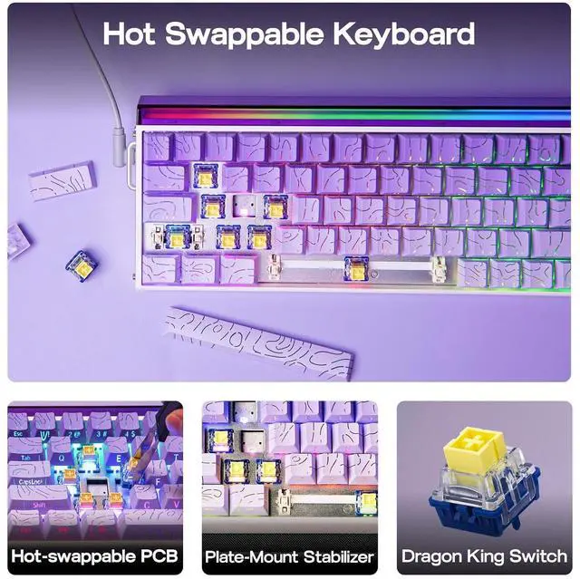 Alt view image 4 of 6 - Aula Hero 68 HE Wired Magnetic Gaming Keyboard, 0.01mm Adjustable Actuation, Rapid Hall Effect Switch, 8kHz Polling, 5-Layer Sound Dampening, RGB Box & Backlight (Purple)