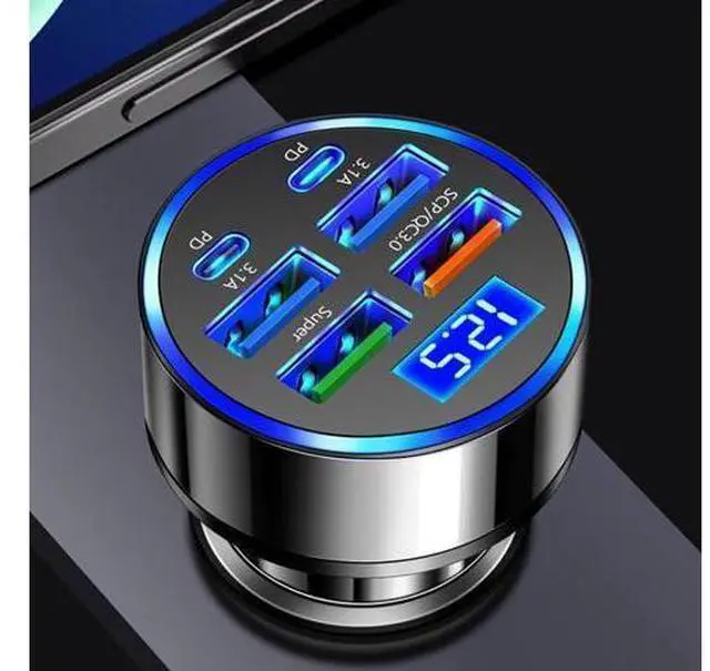 Main image of 6-in-1 Multi-Port Car Charger with Voltage Detection 2PD+3USB+QC3.0 Fast Charge Cigarette Lighter Plug Adapter Compatible with iPhone Android iPad Pro and More