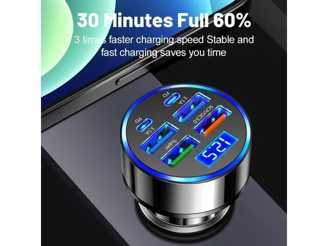 Alt view image 5 of 7 - 6-in-1 Multi-Port Car Charger with Voltage Detection 2PD+3USB+QC3.0 Fast Charge Cigarette Lighter Plug Adapter Compatible with iPhone Android iPad Pro and More