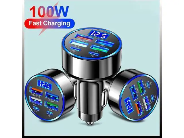 Alt view image 6 of 7 - 6-in-1 Multi-Port Car Charger with Voltage Detection 2PD+3USB+QC3.0 Fast Charge Cigarette Lighter Plug Adapter Compatible with iPhone Android iPad Pro and More