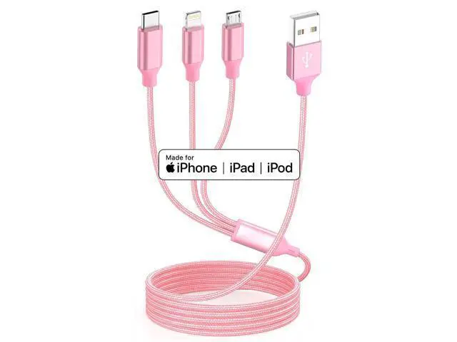 Alt view image 4 of 7 - Multiple Charger Cable 3Pack 4FT Multi Charging Cable Rapid Nylon Braided Cord USB Charging Cable 3 in 1 Multi Phone Charger Cord with Type C Micro Lightning USB Connectors for Cell Phones Pink