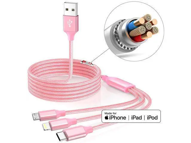 Alt view image 5 of 7 - Multiple Charger Cable 3Pack 4FT Multi Charging Cable Rapid Nylon Braided Cord USB Charging Cable 3 in 1 Multi Phone Charger Cord with Type C Micro Lightning USB Connectors for Cell Phones Pink