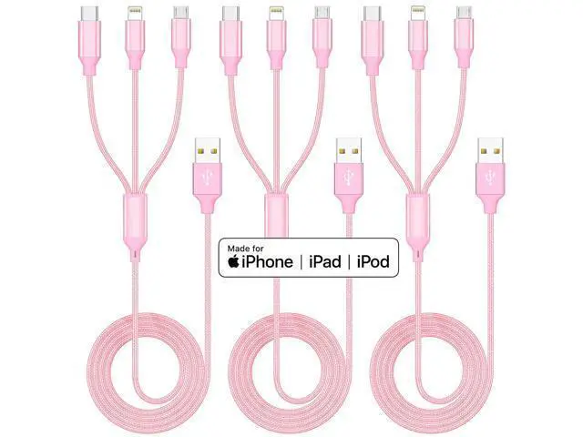 Alt view image 2 of 7 - Multiple Charger Cable 3Pack 4FT Multi Charging Cable Rapid Nylon Braided Cord USB Charging Cable 3 in 1 Multi Phone Charger Cord with Type C Micro Lightning USB Connectors for Cell Phones Pink