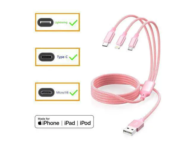 Alt view image 7 of 7 - Multiple Charger Cable 3Pack 4FT Multi Charging Cable Rapid Nylon Braided Cord USB Charging Cable 3 in 1 Multi Phone Charger Cord with Type C Micro Lightning USB Connectors for Cell Phones Pink
