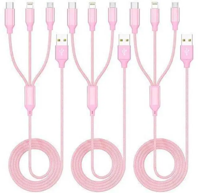 Main image of Multiple Charger Cable 3Pack 4FT Multi Charging Cable Rapid Nylon Braided Cord USB Charging Cable 3 in 1 Multi Phone Charger Cord with Type C Micro Lightning USB Connectors for Cell Phones Pink