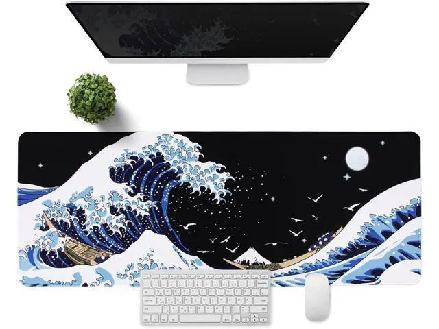 Alt view image 2 of 7 - Gaming Laptop Mouse Pad Sea Wave Big Mice Pads PC Keyboard Waterproof and Non-Slip 31.5 x 11.8inches 3mm Thick XL XXL Rubber Table Mat Kanagawa Surfing and Black Japanese Mouse Pads