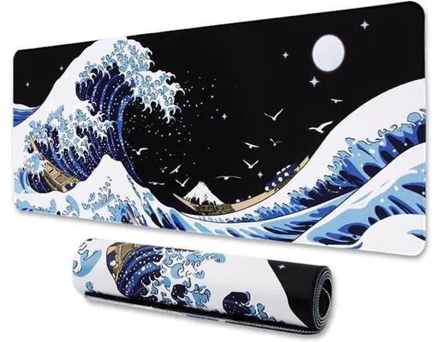Main image of Gaming Laptop Mouse Pad Sea Wave Big Mice Pads PC Keyboard Waterproof and Non-Slip 31.5 x 11.8inches 3mm Thick XL XXL Rubber Table Mat Kanagawa Surfing and Black Japanese Mouse Pads