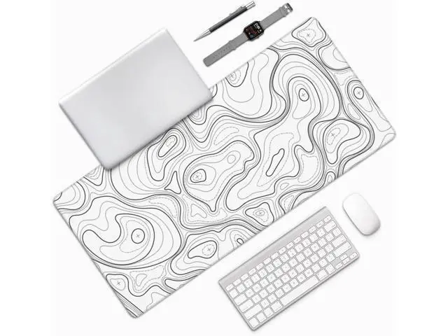 Alt view image 7 of 7 - Large Gaming Mouse Pad White Topographic Contour Mouse Pad with Stitched Edges & Nonslip Rubber Base Extended XXL Long Mousepad Big Desk Mat for Company Office Work 35.4 x 15.7 in