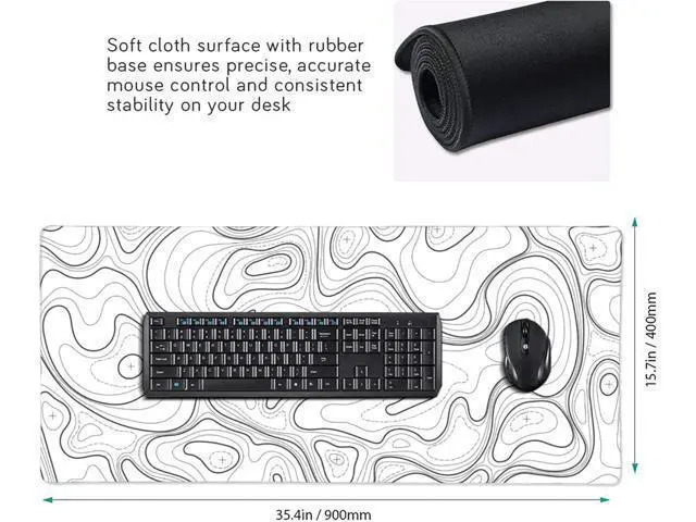 Alt view image 2 of 7 - Large Gaming Mouse Pad White Topographic Contour Mouse Pad with Stitched Edges & Nonslip Rubber Base Extended XXL Long Mousepad Big Desk Mat for Company Office Work 35.4 x 15.7 in