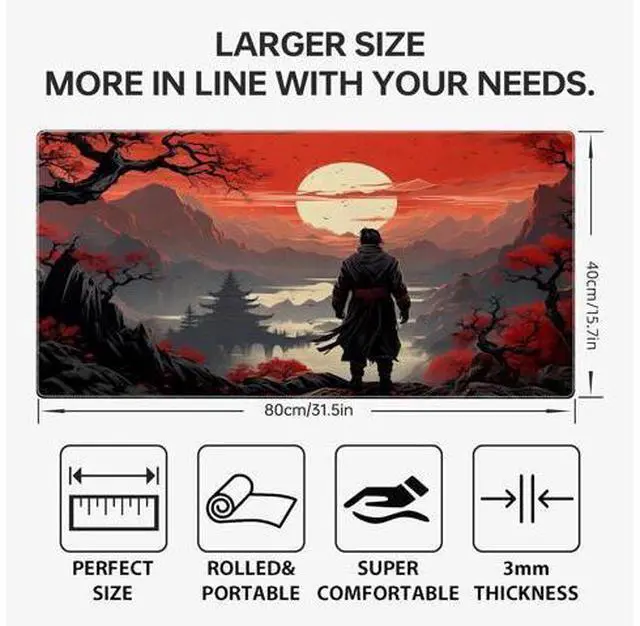Alt view image 2 of 7 - Japanese Samurai Gaming Mouse Pad Anime Mouse Pad Gaming 31.5 x 15.7 in Mouse Mat Desk Pad Large Desk Mat Extended Keyboard Pad Mousepad with Non-Slip Base and Stitched Edge for Office Home Gaming