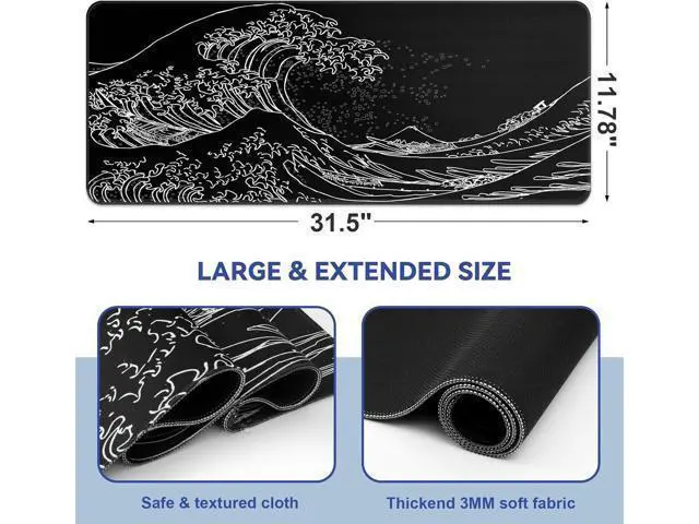 Alt view image 2 of 7 - Mouse Pad Gaming Japanese Sea Wave Mouse Pad 31.5 x 11.8in Waterproof Gaming Keyboard Pad with Anti-Slip Rubber Base and Stitched Edges Extended XL Mouse Mat