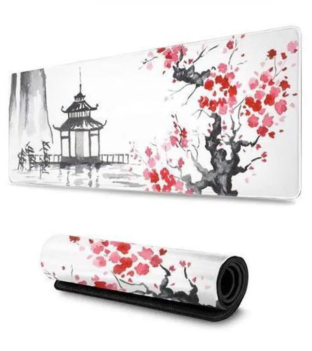 Main image of Black and White Japanese Sumi-E Painting Cherry Blossom Temple Art Gaming Mouse Pad XL Extended Large Mouse Mat Desk Pad Stitched Edges Mousepad Long Non-Slip Rubber Base Mice Pad 31.5 X 11.8 Inch
