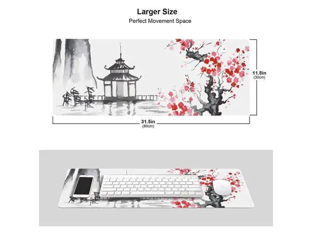 Alt view image 2 of 6 - Black and White Japanese Sumi-E Painting Cherry Blossom Temple Art Gaming Mouse Pad XL Extended Large Mouse Mat Desk Pad Stitched Edges Mousepad Long Non-Slip Rubber Base Mice Pad 31.5 X 11.8 Inch