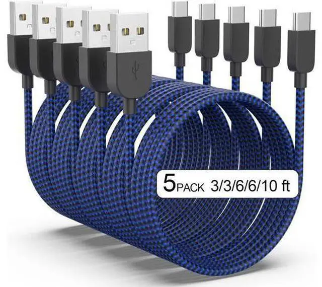 Main image of USB Type C Cable 5pack (3/3/6/6/10FT) Fast Charging 3.1A Quick Charge USB A to USB Type C Charger Cord for Galaxy S20 S10 S9 S8 A73 A51 A13 Note 20 10 LG G8 G7 Controller-Blue