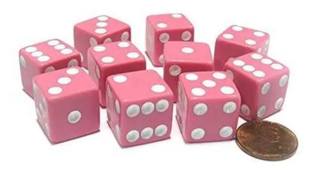 Main image of of 10 Six Sided Square Opaque 16mm D6 Dice Pink with White Pip Die