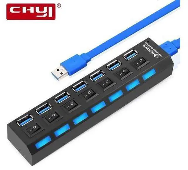 Main image of 7 in 1 USB 3.0 HUB LED Indicator and ON/OFF Switch Super Speed Up to 5Gbps Extra Power Input USB3.0 Splitter Adapter For PC