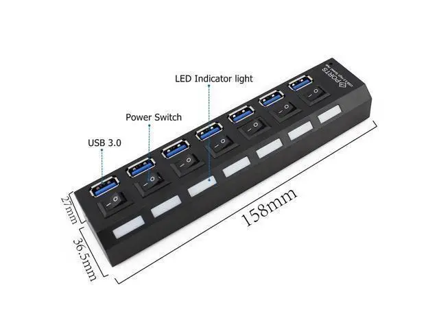 Alt view image 5 of 5 - 7 in 1 USB 3.0 HUB LED Indicator and ON/OFF Switch Super Speed Up to 5Gbps Extra Power Input USB3.0 Splitter Adapter For PC