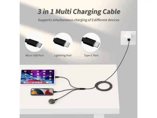 Alt view image 3 of 7 - Multi Charging Cable(2Pack 4FT) 3 in 1 Charger Cable Nylon Braided Multiple USB Cable Universal Charging Cord with Type-C Micro USB and IP Port for Cell Phones and More