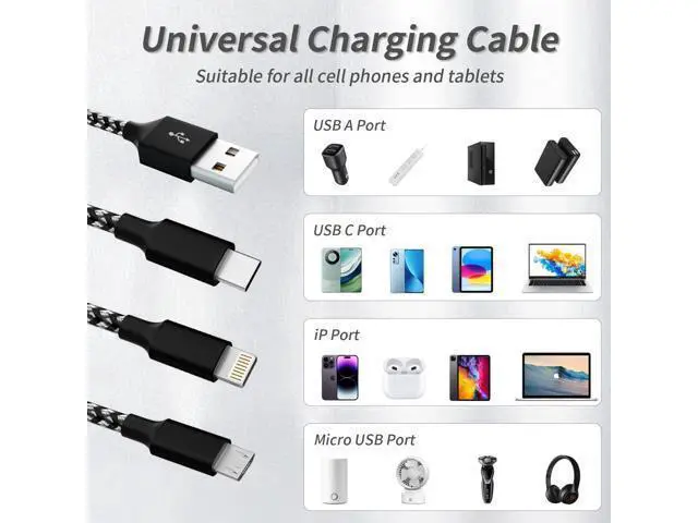 Alt view image 5 of 7 - Multi Charging Cable(2Pack 4FT) 3 in 1 Charger Cable Nylon Braided Multiple USB Cable Universal Charging Cord with Type-C Micro USB and IP Port for Cell Phones and More