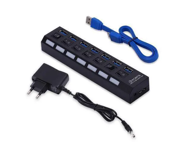 Alt view image 5 of 5 - USB 3.0 Hub High Speed 7 Port USB3.0 Hub with EU/US Power Adapter Multi USB Splitter On/Off Switch for MacBook Laptop PC