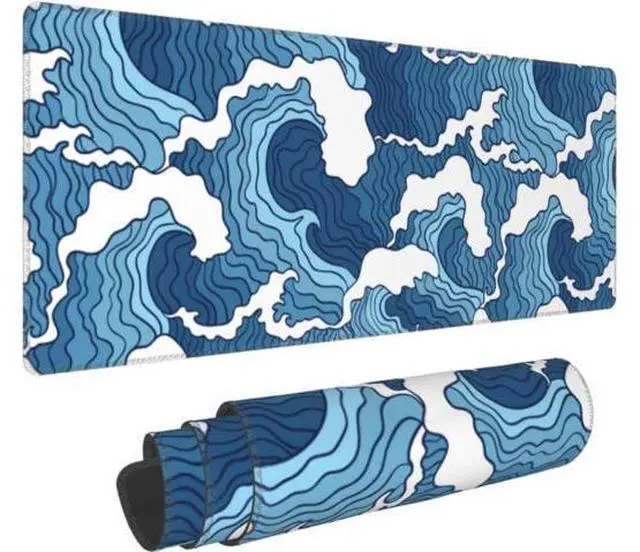 Main image of Japanese Blue and White Wave Gaming Mouse Pad Extended Large Mouse Mat Desk Pad Stitched Edges Mousepad Long Non-Slip Rubber Base Mice Pad 31.5 X 11.8 Inch