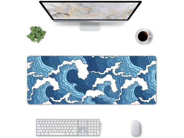 Alt view image 2 of 7 - Japanese Blue and White Wave Gaming Mouse Pad Extended Large Mouse Mat Desk Pad Stitched Edges Mousepad Long Non-Slip Rubber Base Mice Pad 31.5 X 11.8 Inch