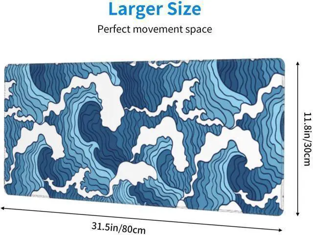 Alt view image 3 of 7 - Japanese Blue and White Wave Gaming Mouse Pad Extended Large Mouse Mat Desk Pad Stitched Edges Mousepad Long Non-Slip Rubber Base Mice Pad 31.5 X 11.8 Inch